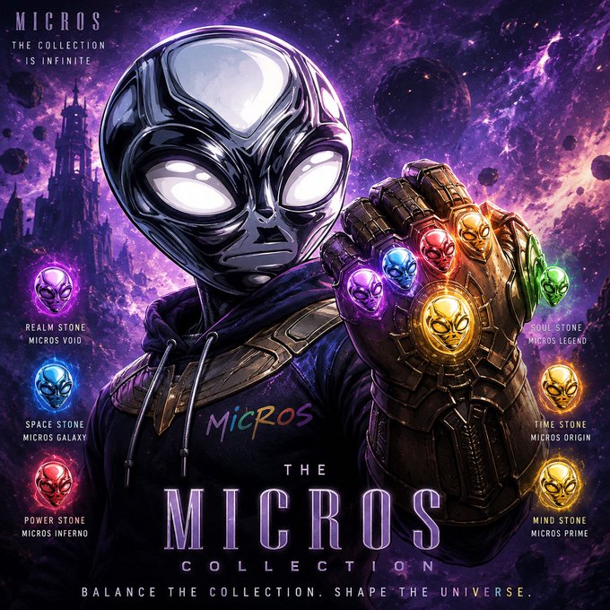 Promotional artwork for 'THE MICROS COLLECTION' featuring an alien character with an Infinity Gauntlet-like glove containing colorful gems labeled with names like Realm Stone, Space Stone, Power Stone, Soul Stone, Time Stone, and Mind Stone, with the tagline 'BALANCE THE COLLECTION. SHAPE THE UNIVERSE.'