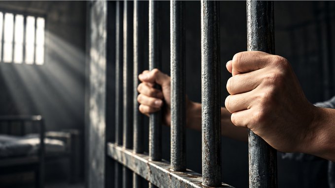 A dramatic photo of hands gripping the iron bars of a prison cell, with light streaming in through a window in the background.