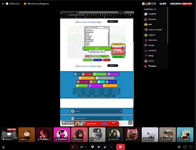 The image shows a Zoom meeting titled "EGO Live 1" with participants like Magemus, Plasticgod, and Naisinchae visible at the bottom, alongside a screen share displaying the "Where Active Lifestyles Begin" website where "magemus," "VICVC," and "polyphone" appear in a name selection dropdown menu. This relates to the post celebrating a week of "BIG COOK" with @egodaox, showcasing how the EGO platform was used to discover and profit from alpha calls in a collaborative trading session.
