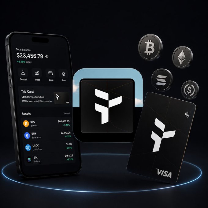 The image features a smartphone displaying various crypto cards, including Bitcoin Cash, Ripple, and Litecoin, along with a Visa card. The focus of the image is on the crypto cards, showcasing their functionality and design. The text "useTria" appears in the image, which could be related to the crypto cards or another aspect of the post.