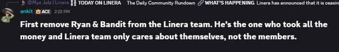 An ankbit tweet stating 'First remove Ryan & Bandit from the Linera team. He's the one who took all the money and Linera team only cares about themselves, not the members.'