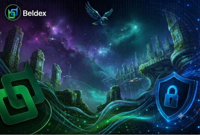 A vibrant digital landscape featuring a purple and teal galaxy sky with an eagle in flight, gothic castle ruins, and two large shield logos—one green with a geometric symbol, and one blue with a padlock icon. The text 'Beldex' appears in the upper left.