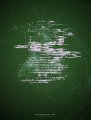 A dark green digital artwork with glitchy, distorted white text or symbols stacked in a layered, abstract composition.