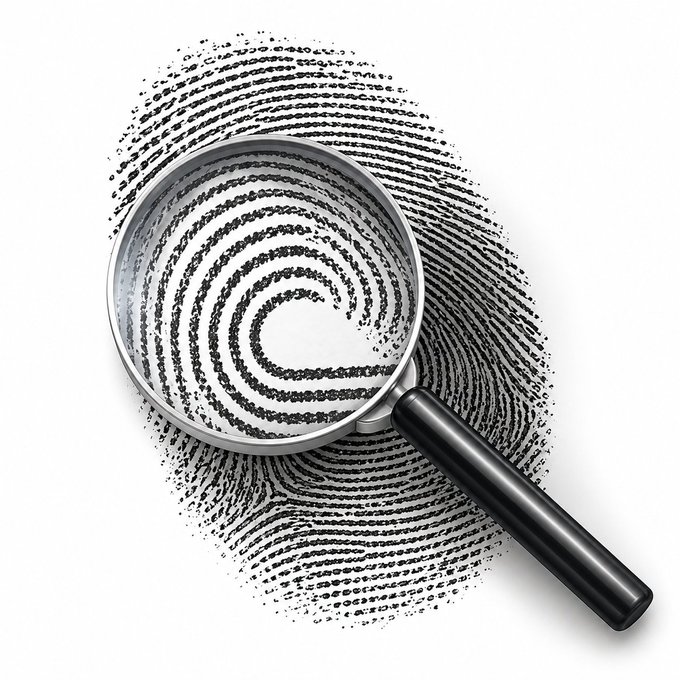 A metallic magnifying glass rests on a black fingerprint imprint, enlarging the whorls of the print to symbolize investigation and exposure. This visualizes the post's warning about leaving traces online—every digital footprint can be magnified and scrutinized, reinforcing "leave no trace" advice, with "GM" likely standing for "Good Morning."