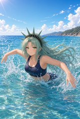An anime-style illustration depicts a girl with long teal hair and a spiked crown emerging from sparkling ocean water.