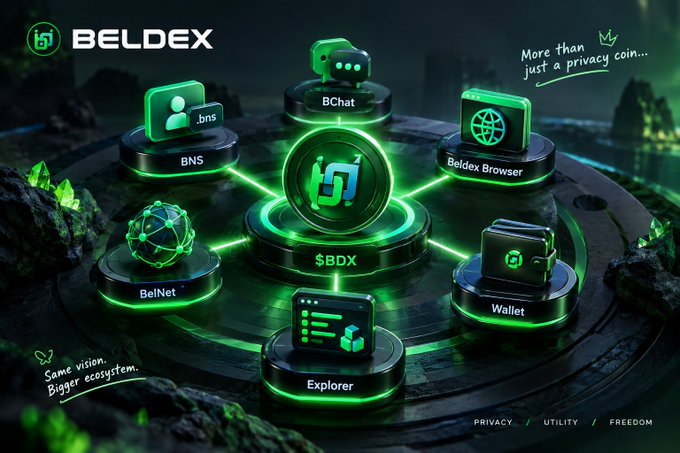 A promotional graphic for Beldex ($BDX) showcasing its ecosystem hub-and-spoke design, with $BDX at the center connecting BNS, BChat, Beldex Browser, BelNet, Wallet, and Explorer modules, tagged "More than just a privacy coin... Same vision. Bigger ecosystem." along with the slogan "PRIVACY / UTILITY / FREEDOM"—visually reinforcing the post's argument that Beldex functions as a full privacy-focused tech stack rather than just a cryptocurrency.