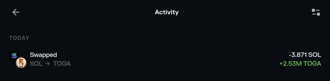 A mobile app 'Activity' screen showing a swap transaction completed 'TODAY' from SOL to TOGA, resulting in -3.871 SOL and +2.53M TOGA.