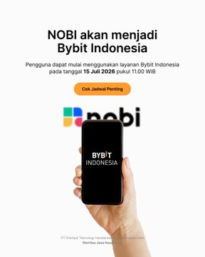 The image shows a person holding up their phone displaying an advertisement for Bybit Indonesia, which is a mobile payment platform. The text on the phone screen reads "NOBI Exchange is now Bybit Indonesia @Bybit_ID!". This indicates that the user's account has been migrated to Bybit Indonesia and they are now using the platform as part of their financial transactions.