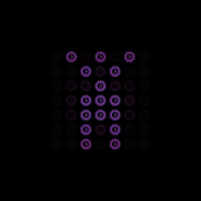 A dark image displays a grid of faint purple ornamental designs, with some shapes illuminated to form a face-like pattern.