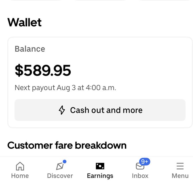 A rideshare driver wallet screen showing an earnings balance of $589.95 with the next payout scheduled for Aug 3 at 4:00 a.m., captioned as the user's weekly total. The image relates to the post by showing a concrete weekly earnings figure, suggesting the driver is sharing their real-world income while engaging with the $XRP community.
