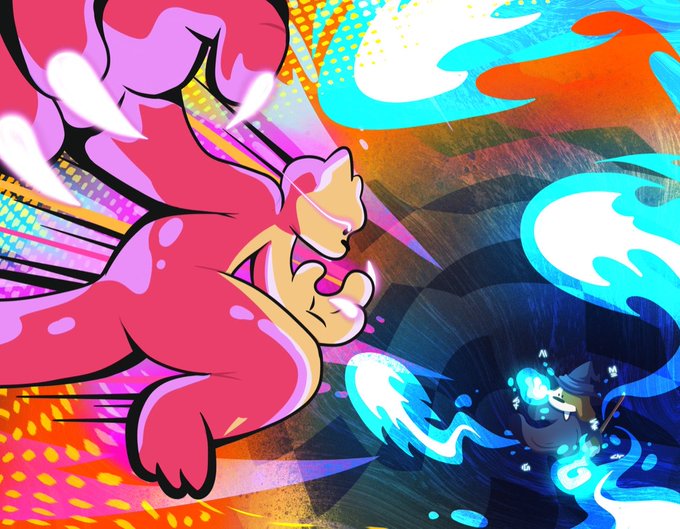 A colorful cartoon illustration showing a pink creature with an angry expression confronting a smaller dark character wielding blue energy.
