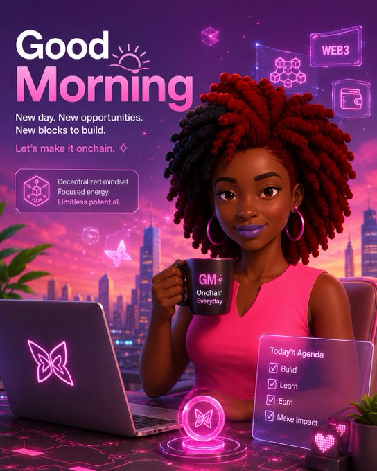 The image features an illustration of a woman sitting at a desk with a laptop computer open in front of her. She has curly hair and is holding a coffee cup while working on the laptop, which appears to be a desktop computer. The background of the image shows a city skyline, suggesting that she might be working from home or in a location with an urban setting. The post includes text about good morning and mentions three projects related to finance and crypto.