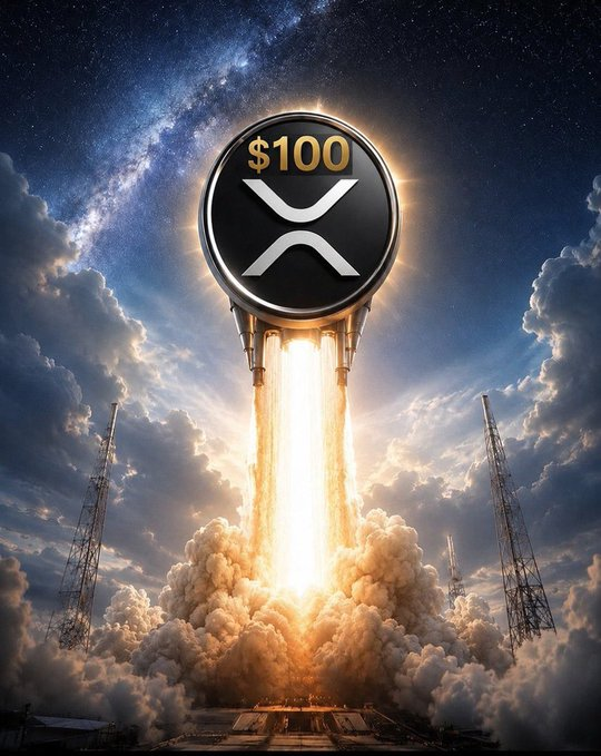 A giant XRP coin labeled "$100" launches skyward like a rocket from a launch pad, visually representing the optimistic "Day #28" countdown post predicting XRP will reach $100.