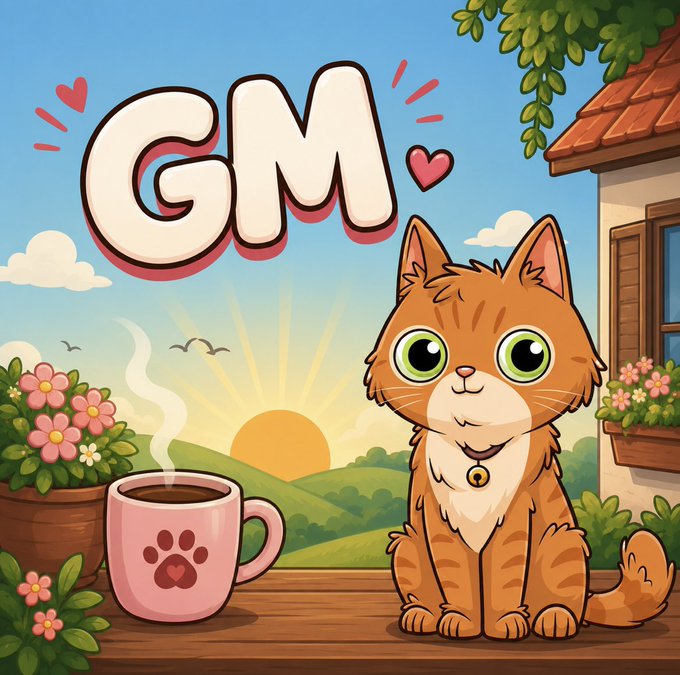 The image features an orange cat sitting next to a pink coffee cup, both placed outdoors with a backdrop of flowers. The cat appears to be enjoying its surroundings while sipping from the cup. The photo caption is "GM Kitty Lovers and Happy Friday We are only 18% mints away on our OG collection from being able to make our first BIG donation to All About Animals Rescue! If you’re not a part of the Kitty Lover crew yet or if you want to add more Nalas to your collection, now is the". The cat's position near the coffee cup and flowers suggests that it may be enjoying a leisurely outdoor moment with its drink.