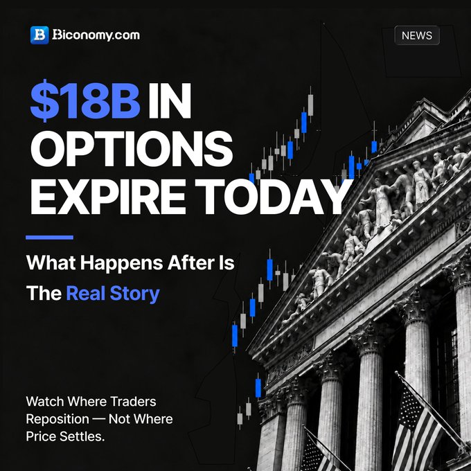 BEconomy.com news graphic stating '$18B IN OPTIONS EXPIRE TODAY' with subtitle 'What Happens After Is The Real Story,' featuring stock chart candles over an image of the New York Stock Exchange building.