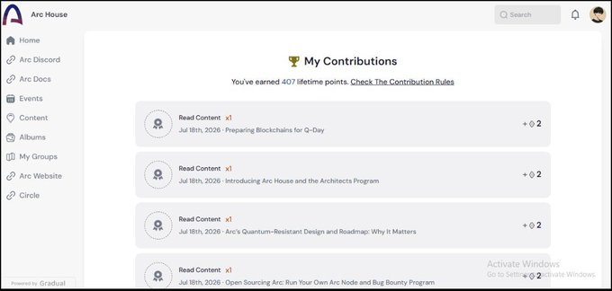 Screenshot of the Arc House 'My Contributions' page showing 407 lifetime points earned from reading content like 'Preparing Blockchains for Q-Day' and 'Introducing Arc House and the Architects Program'.