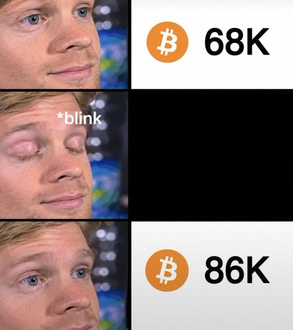 A three-panel meme featuring a man's face; the top panel shows Bitcoin at $68K, the middle shows him blinking (labeled '*blink'), and the bottom panel shows Bitcoin suddenly at $86K.
