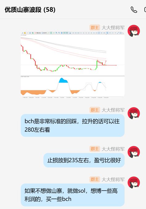 A Chinese Telegram chat screenshot from a group called '优质山寨波段 (58)' showing a crypto chart and messages from group owner '大太怪将军' discussing BCH trading strategies, suggesting targets around 280, stop-loss at 235, and recommending SOL for those seeking higher profits.