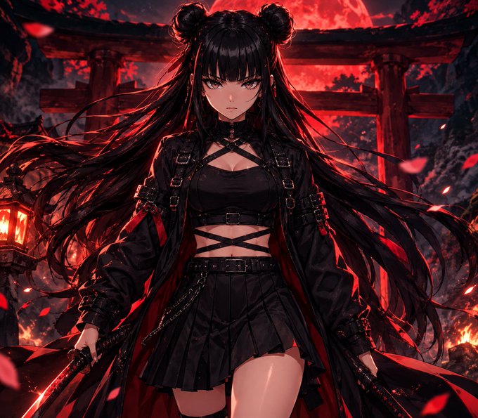 An anime-style illustration of a girl with long black twin-tail hair wearing a black gothic outfit with buckles and straps, wielding a red-bladed sword against a dramatic red torii gate and blood moon backdrop.