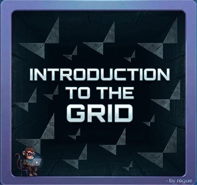 A title card reading 'INTRODUCTION TO THE GRID' on a dark geometric background, signed 'by rogue', featuring a small cartoon monkey with a laptop.