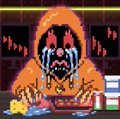 A pixel art image of a menacing figure in orange robes with a dark, demonic face, accompanied by a small yellow character in the corner.