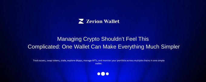 The image shows a dark blue promotional slide for Zerion Wallet with the text "Managing Crypto Shouldn't Feel This Complicated: One Wallet Can Make Everything Much Simpler" along with a description highlighting its ability to track assets, swap tokens, stake, explore dApps, manage NFTs, and monitor portfolios across multiple chains. The slide reinforces the post's message by visually emphasizing how Zerion simplifies the complexities of web3 management into one unified wallet solution.