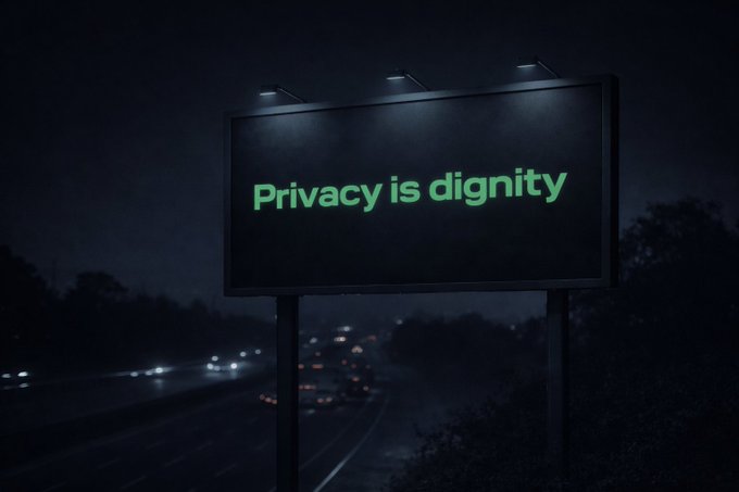A roadside billboard illuminated at night displaying the phrase 'Privacy is dignity' in glowing green text, set against a dark highway backdrop with car headlights.