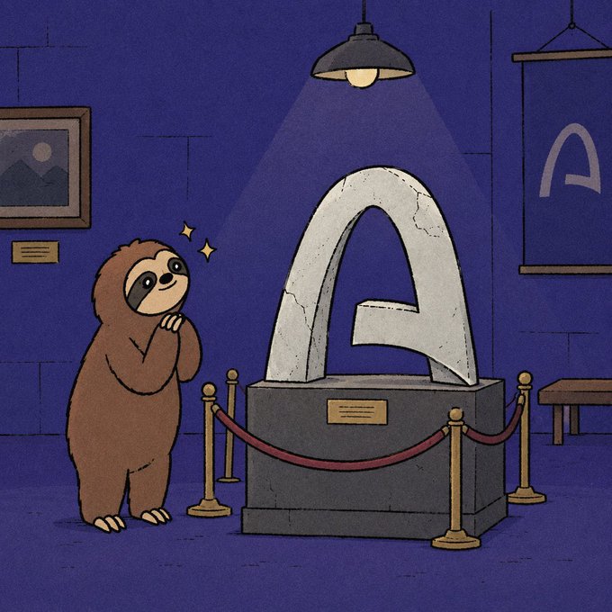 An illustrated sloth stands admiringly in front of a large stone letter 'A' displayed on a pedestal in a museum-like setting with velvet ropes.