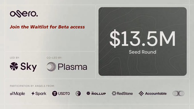 The image announces Osero's beta waitlist alongside its $13.5M Seed Round led by Sky and co-led by Plasma, with angel participation from Maple, Spark, USDT0, Rollup, RedStone, and Accountable—visually confirming the funding details and investor backing referenced in the post.