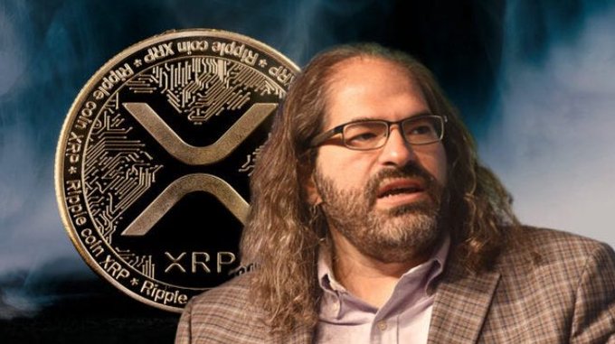 A man with long brown hair, glasses, and a beard wearing a checkered blazer stands in front of a large XRP/Ripple cryptocurrency coin graphic.