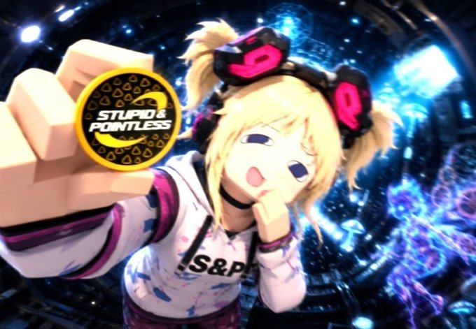 A stylized anime character with blonde hair wearing goggles and a 'S&P' hoodie, pointing toward the camera with a 'STUPID & POINTLESS' coin graphic overlaid on a vibrant neon background.