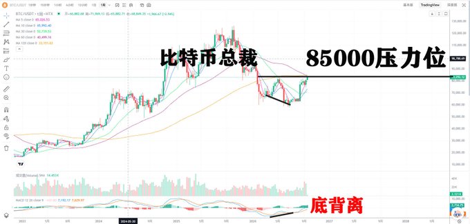 A TradingView weekly candlestick chart of BTC/USD showing the price approaching the 85,000 resistance level, with Chinese annotations reading "比特币总裁 85000压力位" (Bitcoin approaching 85,000 resistance) and "底背离" (bottom divergence) highlighting the momentum indicator divergence, aligning with the post's analysis of a strong weekly bottom divergence rebound nearing MA120.