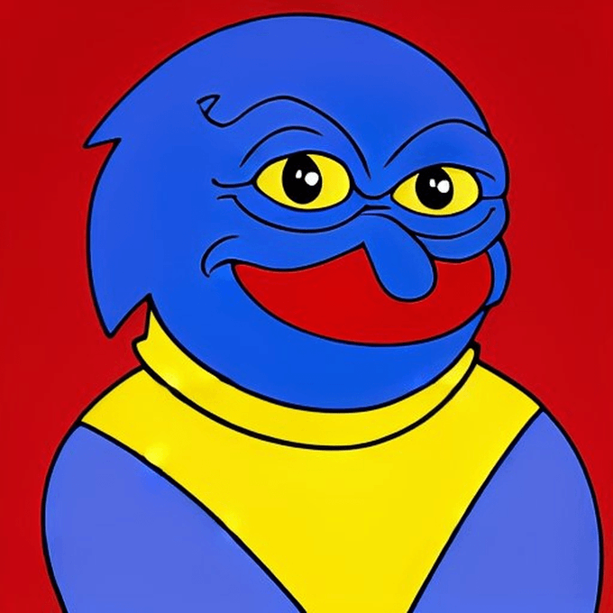 A cartoon illustration of a blue, goblin-like character with yellow eyes, a wide red smile, and spiky hair, wearing a yellow and blue outfit against a red background.