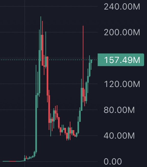 A cryptocurrency candlestick chart shows an asset (referenced as $CASHCAT in the post) surging from near zero to a peak above 200M before correcting sharply down to around 40M and recovering to a current price of 157.49M, illustrating the volatile "go up only benefits everyone" cycle the poster is highlighting.