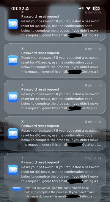 A phone screen shows a stack of password reset request emails from "@0xeevie," all sent around 6-7 minutes ago, illustrating the post's humor about repeated hack attempts—someone desperately wants into an account that even its owner doesn't know the password to.