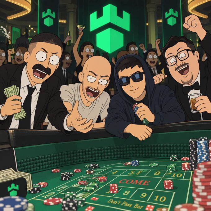 An animated cartoon scene depicting enthusiastic characters at a craps/gambling table with chips and dice, featuring a green crown logo in the background.