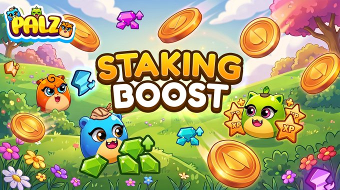 A vibrant promotional banner for "Palz" featuring cute colorful characters (a blue bear, orange cat, and green creature) in a sunny landscape with flying gold coins and gems, boldly announcing "STAKing Boost" to advertise a 3-8% bonus on Wave Breaker and Sky High leaderboard scores when using the PALZ ONT node.

The cheerful cartoon style and prominent "STAKING BOOST" text directly support the announcement, visually emphasizing the rewards (coins, XP stars) players can earn by staking on the PALZ node to climb the leaderboard.
