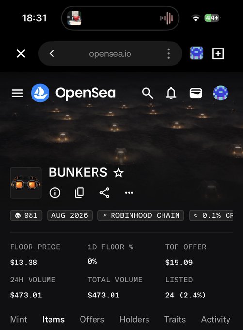 A mobile screenshot of OpenSea.io showing an NFT collection called 'BUNKERS' on Robinhood Chain with a floor price of $13.38, top offer of $15.09, and 24-hour volume of $473.01.