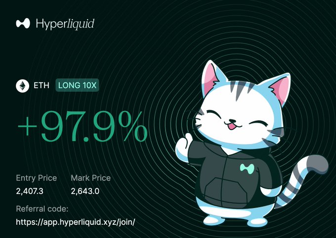 The image is a celebratory Hyperliquid trading PnL card featuring a cheerful cartoon cat mascot in a hoodie, displaying an ETH LONG 10X trade with a +97.9% gain, entry price of 2,407.3 and mark price of 2,643.0, along with a referral link (https://app.hyperliquid.xyz/join/) — visually capturing the post's "we get lit tonight" hype, as the cat's smug grin and the massive profit celebrate the profitable leveraged long position.