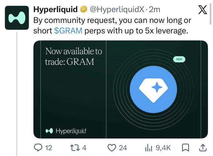 A tweet from HyperliquidX announces that $GRAM perps are now available for trading with up to 5x leverage by community request, directly supporting the post's enthusiasm for the $GRAM token and suggesting users can now take leveraged positions on it.