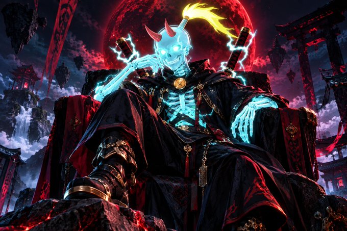 A digital artwork of a demonic skeletal figure with a flaming head, wearing dark robes and holding glowing blue swords, seated on a throne before a large red moon in a Japanese-style setting.
