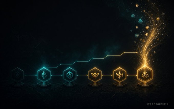 A dark digital graphic showing a progression of hexagonal icons connected by a glowing line, transitioning from teal to gold, with an explosion of gold particles on the right side, watermarked '@sonsakripto'.