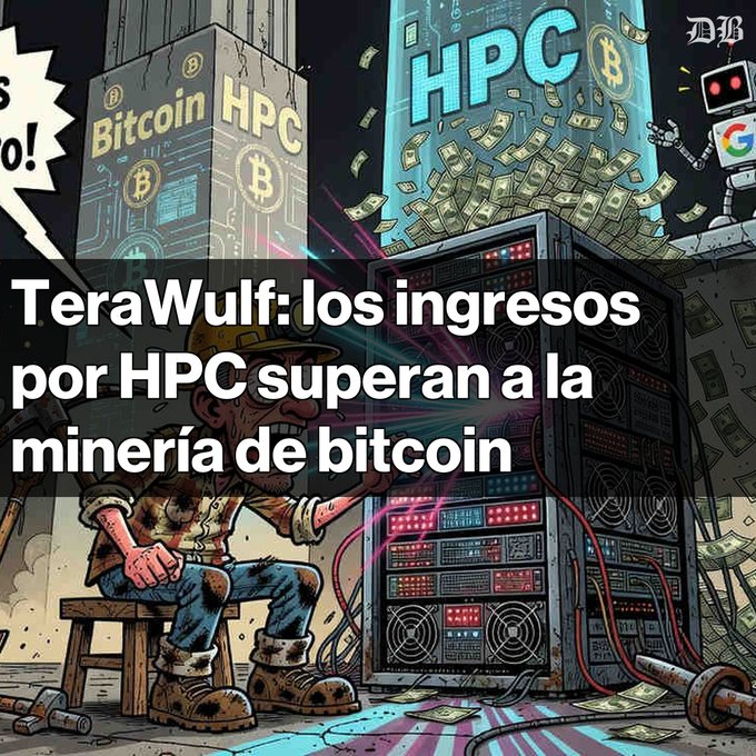 A cartoon illustration features the headline 'TeraWulf: los ingresos por HPC superan a la minería de bitcoin' alongside imagery of a miner with Bitcoin HPC servers and a Google robot.