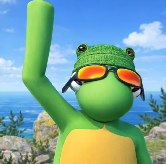 A 3D rendered green frog character wearing a green beanie and orange-tinted sunglasses, posing in front of an ocean backdrop.