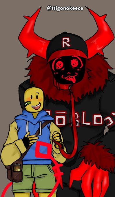 A cheerful yellow cartoon character wearing a blue hoodie stands next to a large red-horned demon figure with an "R" cap and "ROBLOX" lettering, with the watermark "@Itigonokeece" at the top, illustrating the #Noob666 meme that portrays a Roblox noob alongside a demonic 666 dog.