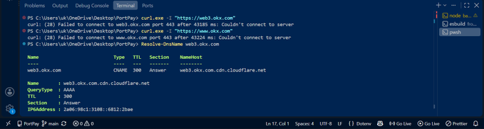 A Windows terminal screenshot shows 'curl' commands failing with 'Couldn't connect to server' errors for 'web3.okx.com', alongside DNS query details in the output.