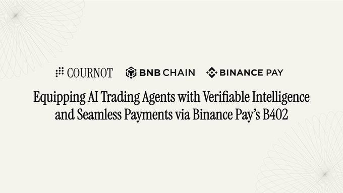 A partnership announcement banner featuring the COURNOT, BNB CHAIN, and BINANCE PAY logos, with the headline "Equipping AI Trading Agents with Verifiable Intelligence and Seamless Payments via Binance Pay's B402," promoting Cournot Protocol's integration with Binance Pay's 402 to provide AI agents with verifiable probability data on the B402 Bazaar.
