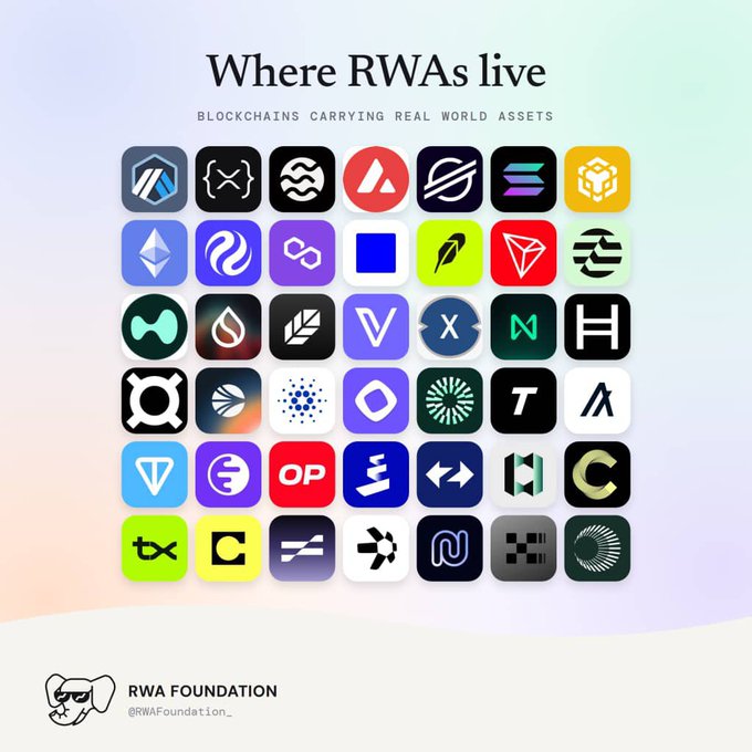 An infographic titled 'Where RWAs live' by RWA Foundation (@RWAFoundation_) displaying a grid of 35 blockchain/cryptocurrency logos, subtitled 'BLOCKCHAINS CARRYING REAL WORLD ASSETS'.