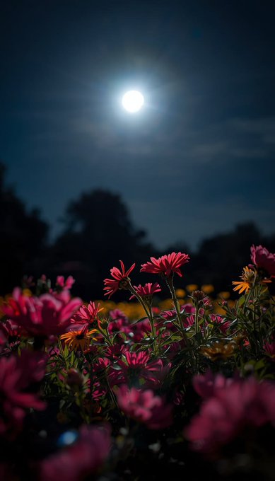 Pink and yellow flowers bloom in a garden under a full moon in a dark night sky.