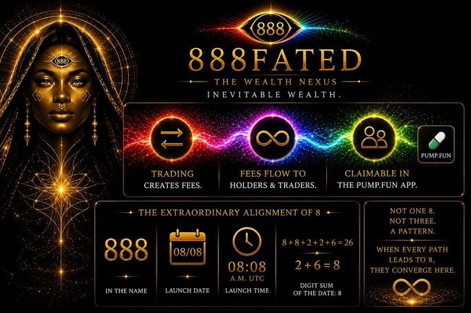 Promotional graphic for the cryptocurrency token '888FATED - The Wealth Nexus,' featuring a mystical hooded figure and highlighting its alignment with the number 8 (launch date 08/08, time 08:08 A.M. UTC) on the Pump.fun app.